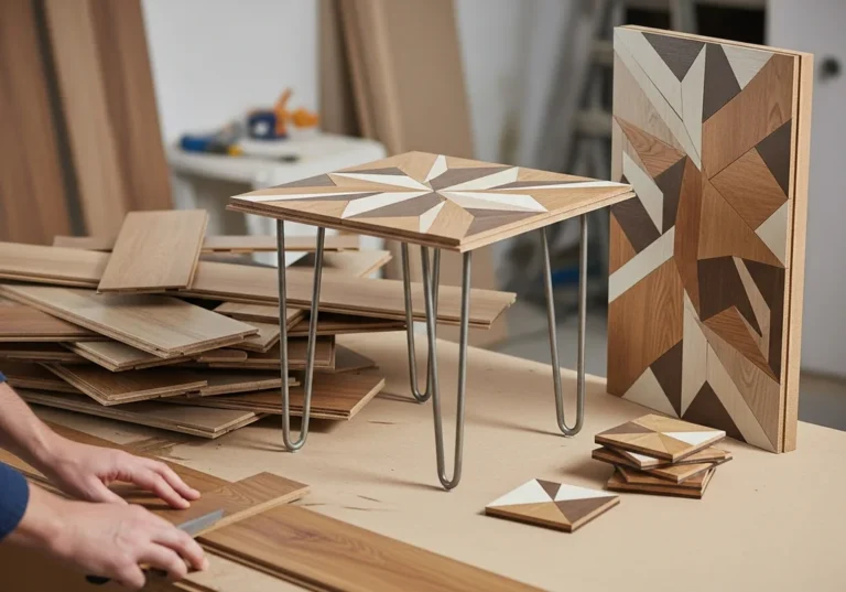 Drewniany stolik i panele podłogowe, twórcze wykorzystanie materiałów remontowych.