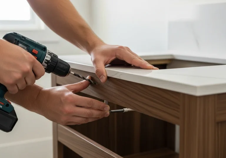 Mężczyzna wierci otwór w blacie łazienkowym podmontaż szafki.