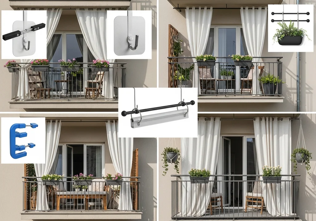 Zasłony balkonowe bez wiercenia: wieszaki, drążki i uchwyty.