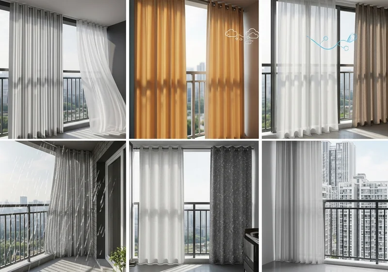 Kolekcja zasłon balkonowych: białe, złote, szare i brązowe, różne materiały i wzory.