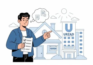 Mężczyzna wskazuje na budynek urzędu i trzyma dokumenty z listą, myśli o formularzach.