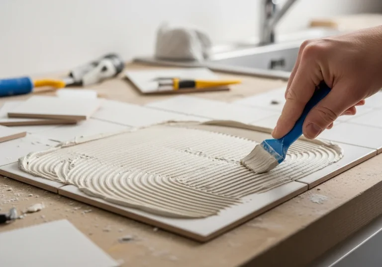 Ręka rozprowadza klej do płytek na blacie za pomocą niebieskiej kielni.