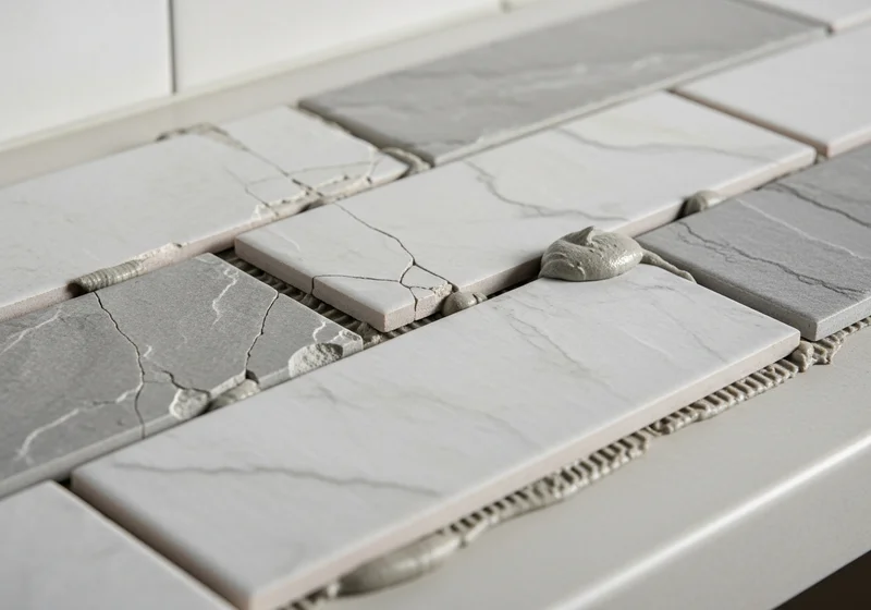 Złamane płytki z klejem na powierzchni blatu.