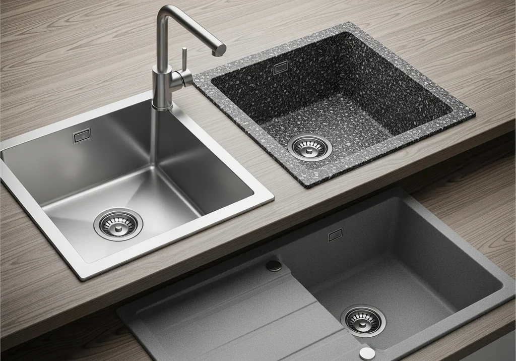 Trzy zlewy kuchenne: stalowy, granitowy i konglomeratowy na drewnianym blacie.