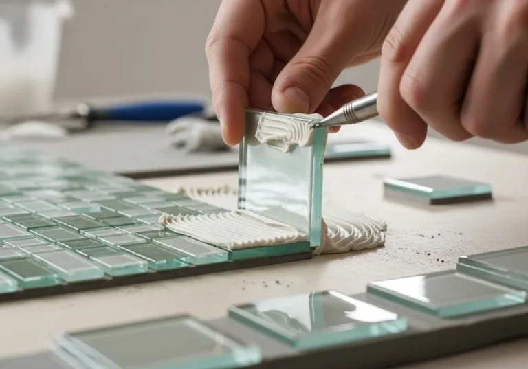 Ręce nakładają biały klej na szklaną płytkę, przygotowując ją do ułożenia.