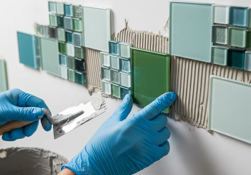 Dłoń w niebieskiej rękawiczce przykleja zieloną płytkę szklaną do ściany.