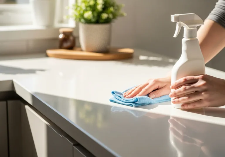 Ręce czyszczą biały blat kuchenny niebieską ściereczką, obok butelka z płynem.