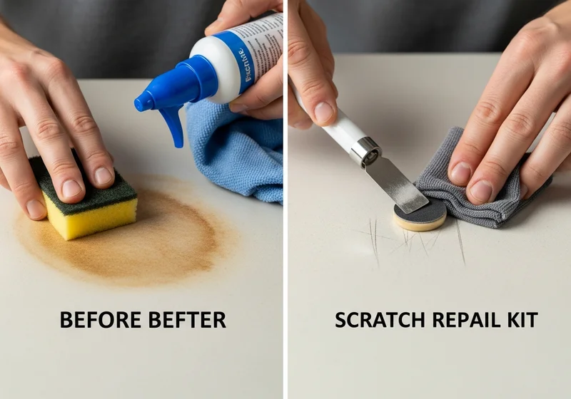 Dwie połówki obrazu pokazują czyszczenie i naprawę blatu: przed i po.