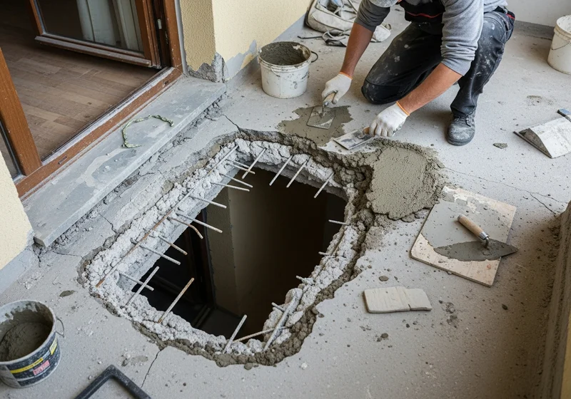 Remont balkonu: pracownik kładzie zaprawę obok wyciętego otworu w płycie balkonowej zbrojonej prętami.