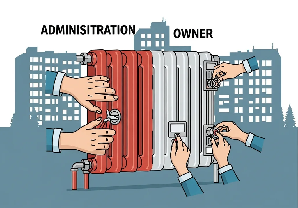 Dwie pary rąk regulują kaloryfery: jedna para przypisana administracji, druga właścicielowi.