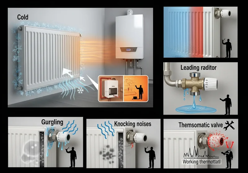 Ilustracja problemów z kaloryferami: zimny, częściowo ciepły, cieknący, bulgoczący, stukający, wadliwy termostat.