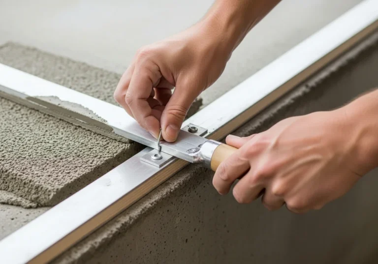 Ręce montują metalową listwę wygładzającą do powierzchni z betonu.