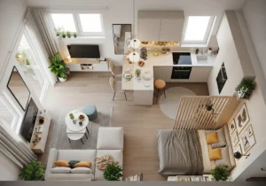 Nowoczesne, jasne mieszkanie 50m² z aneksem kuchennym, salonem i wydzieloną sypialnią.