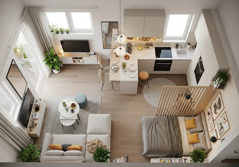 Nowoczesne, jasne mieszkanie 50m² z aneksem kuchennym, salonem i wydzieloną sypialnią.