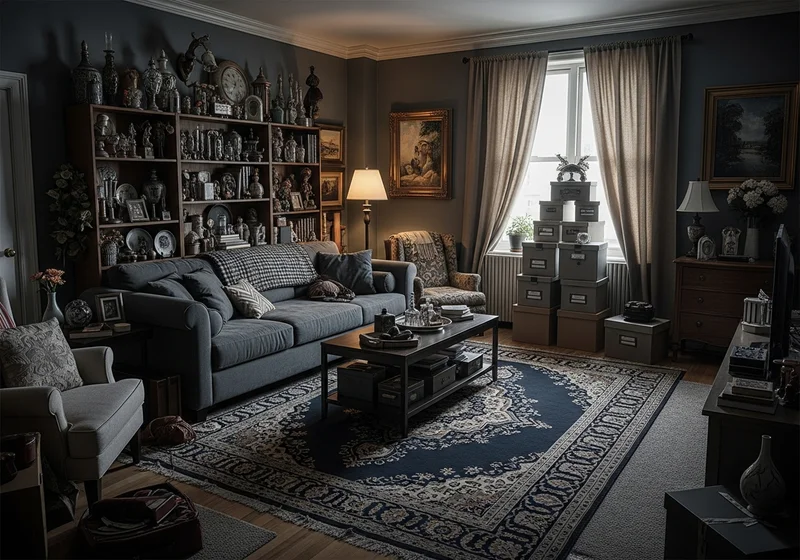 Przytulny salon z sofą, regałem pełnym dekoracji i dywanem w stylu orientalnym.