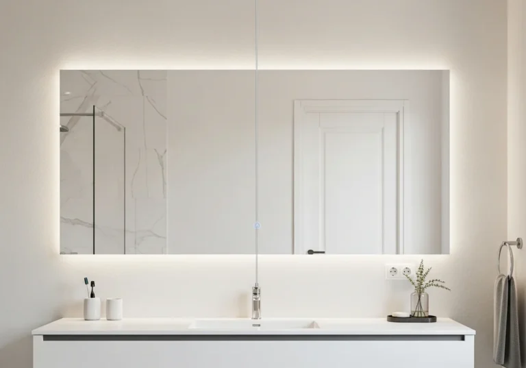 Lustro z podświetleniem LED nad umywalką z baterią i akcesoriami łazienkowymi.