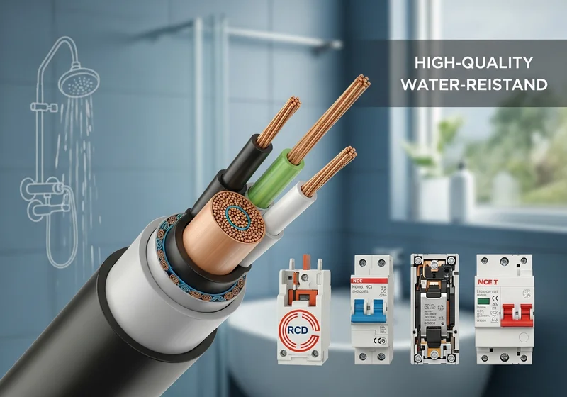 Przekrój kabla elektrycznego i zabezpieczenia przeciwprzepięciowe na tle łazienki.