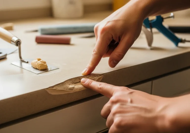 Dłonie wskazują na spuchnięty róg blatu kuchennego, obok narzędzia do fugowania.