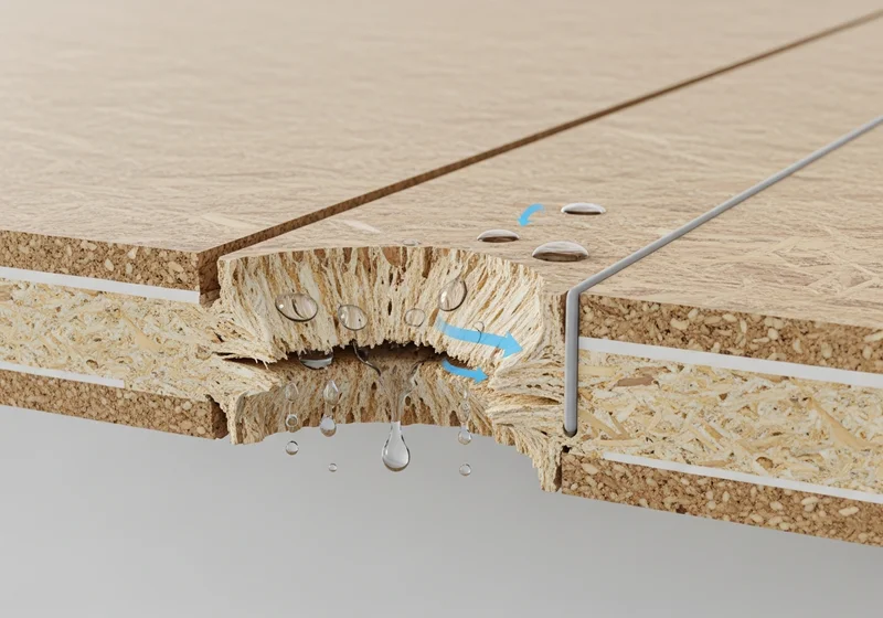 Przekrój spuchniętego od wilgoci blatu kuchennego z widocznymi kroplami wody.