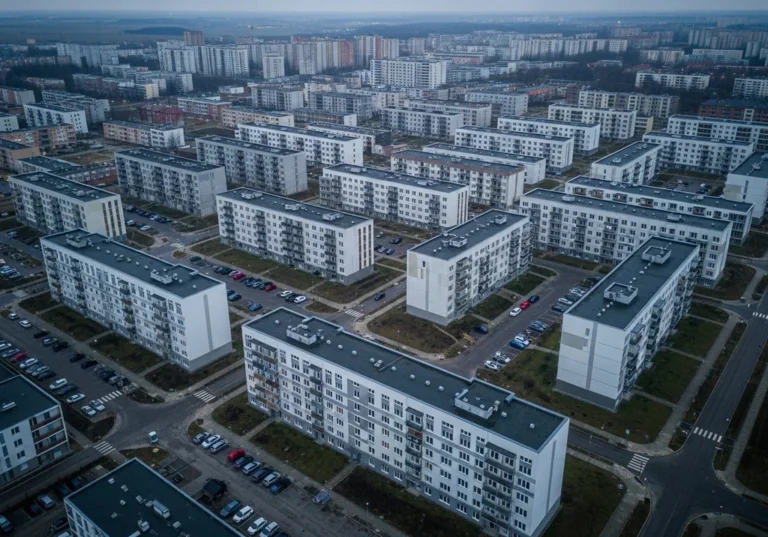 Puste, nowe bloki mieszkalne na osiedlu Starodęby z lotu ptaka.