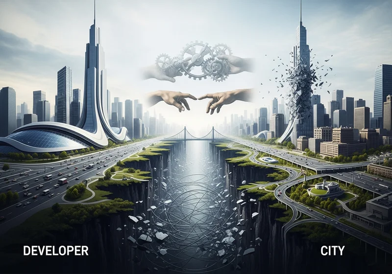 Deweloper i miasto, symbolizowani przez dłonie i budynki, nie współpracują, tworząc pustostany.