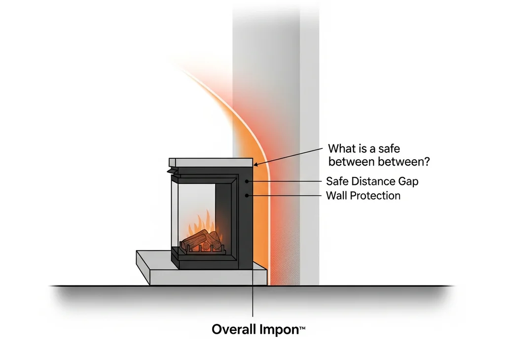 Schematyczny rysunek kominka z oznaczeniami bezpiecznej odległości od ściany.