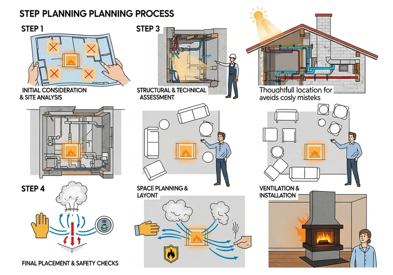 Ilustracja pokazuje sześć etapów planowania instalacji kominka, od analizy po finalne sprawdzenie.