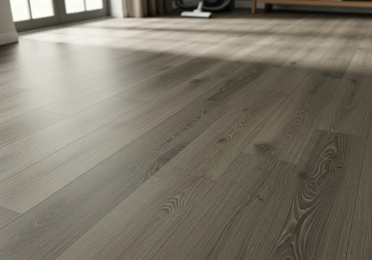 Szare panele podłogowe laminowane o widocznym usłojeniu.