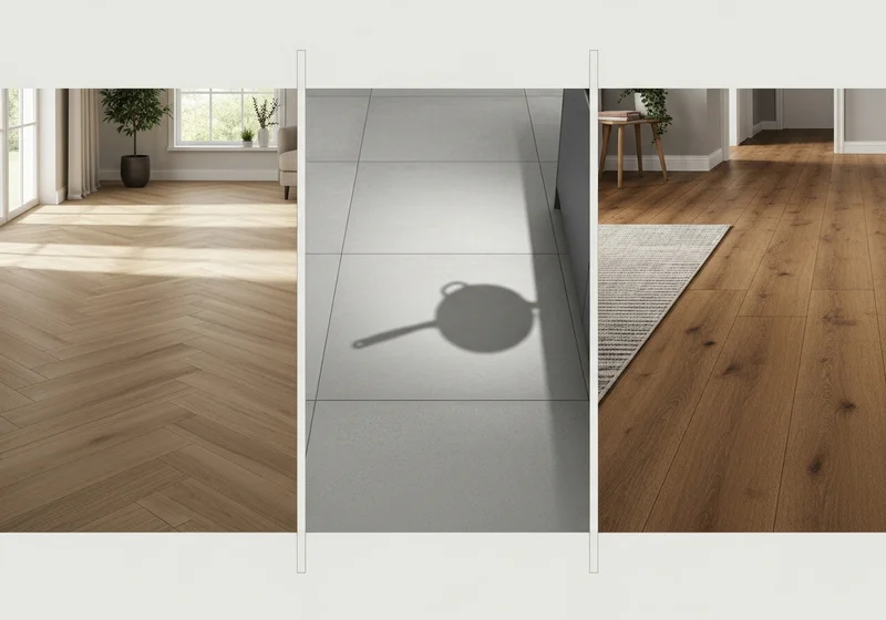 Trzy rodzaje podłóg: panele imitujące drewno ułożone w jodełkę, szare płytki z cieniem patelni i panele imitujące drewno z dywanem.