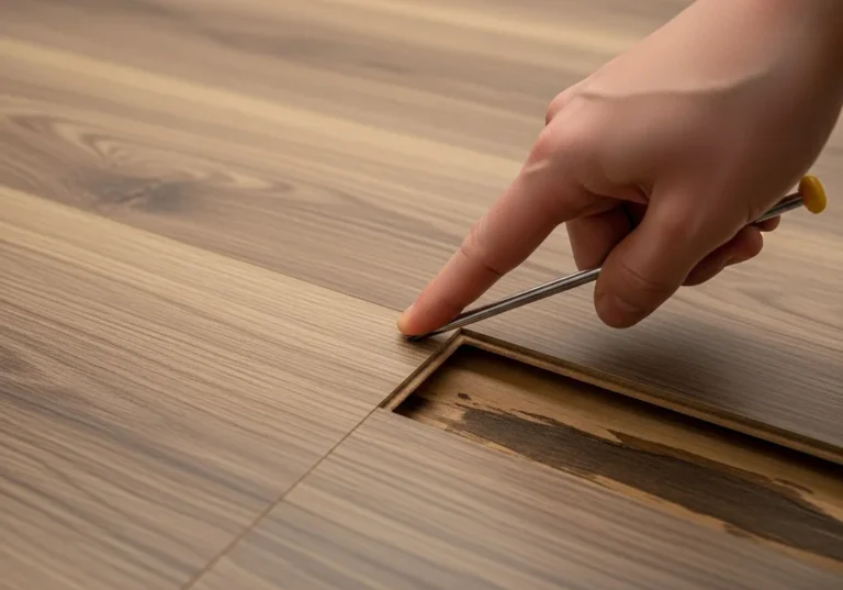 Dłoń z narzędziem wyrównuje odstającą deskę podłogową, ukazując szczelinę.