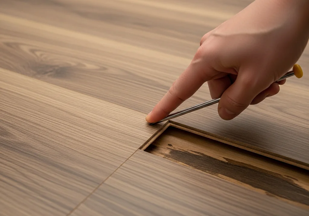 Dłoń z narzędziem wyrównuje odstającą deskę podłogową, ukazując szczelinę.