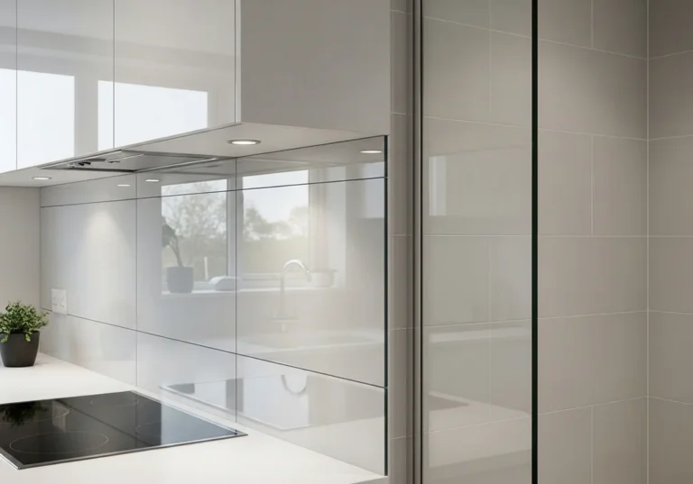 Nowoczesna kuchnia z białymi panelami szklanymi i płytkami na ścianie.