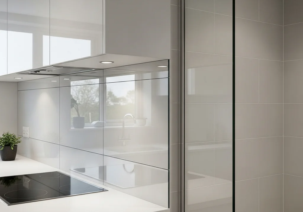 Nowoczesna kuchnia z białymi panelami szklanymi i płytkami na ścianie.