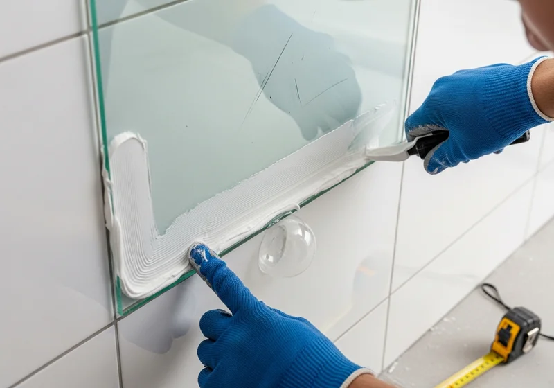 Nakładanie masy uszczelniającej na krawędź panelu szklanego podczas montażu na płytkach ściennych.