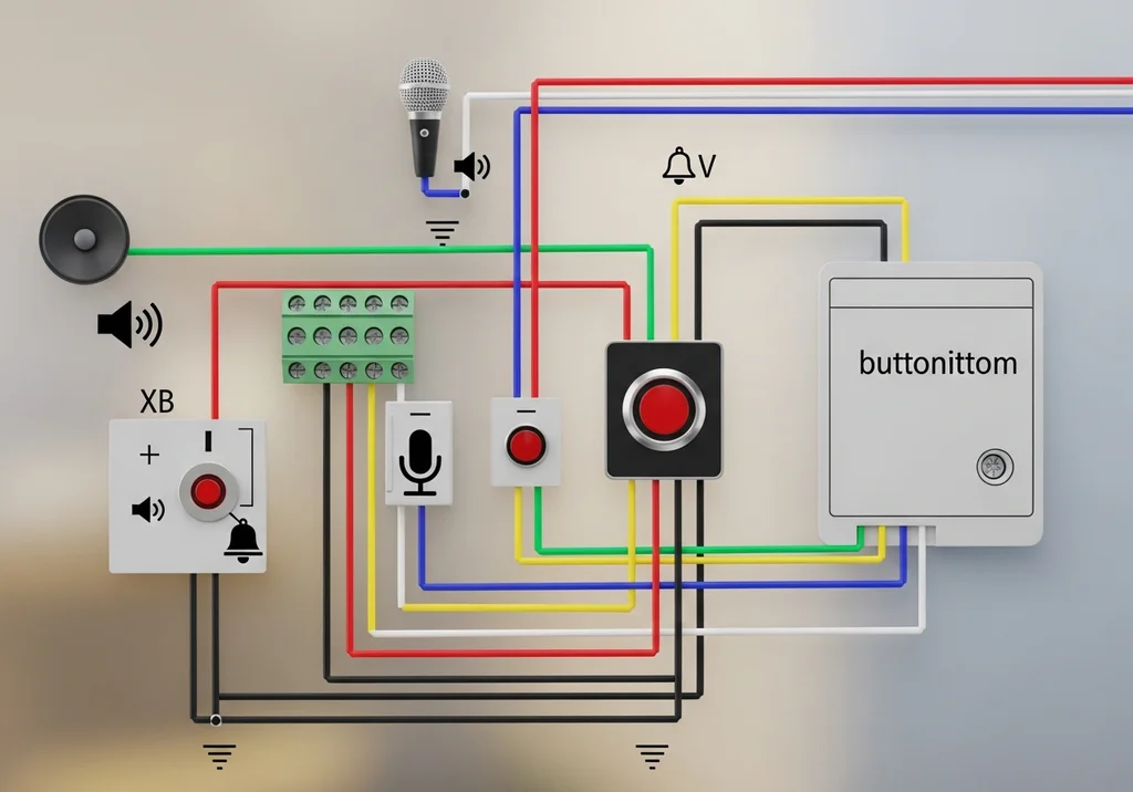 Schemat połączeń domofonu 6-żyłowego: głośnik, mikrofon, przyciski, zasilanie, dzwonek.