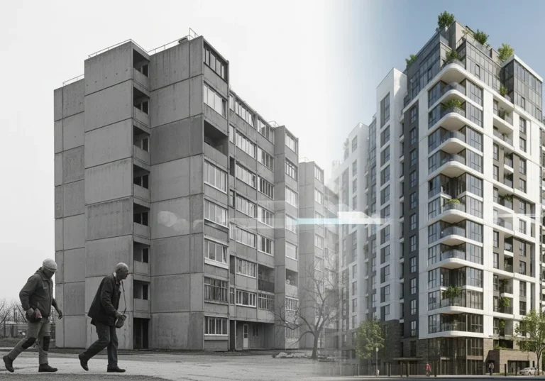 Porównanie betonowego bloku z wielkiej płyty z nowoczesnym apartamentowcem.