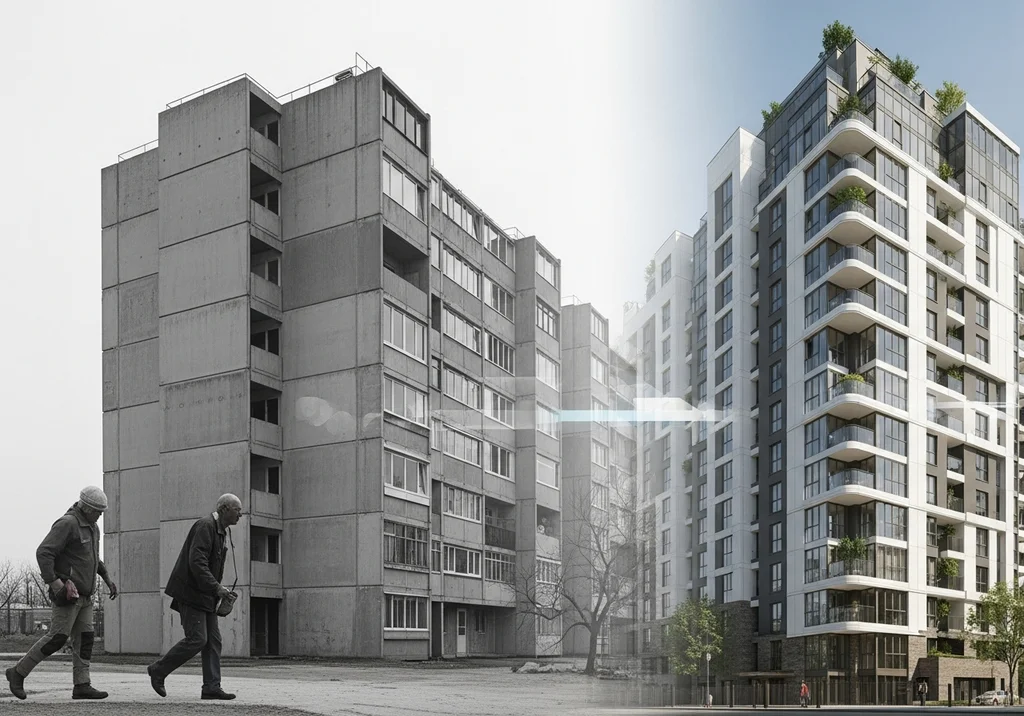 Porównanie betonowego bloku z wielkiej płyty z nowoczesnym apartamentowcem.