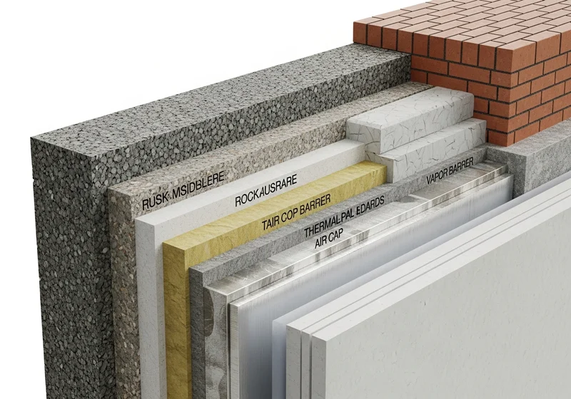 Przekrój ściany z wieloma warstwami izolacji, izolacji wodnej i ceglanym wykończeniem.