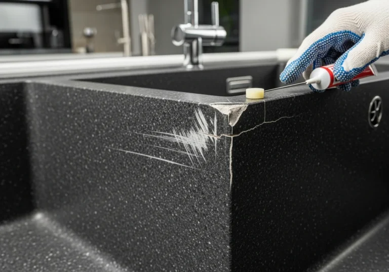 Uszkodzony zlew granitowy z wyszczerbieniem na krawędzi, naprawa rys i pęknięć.