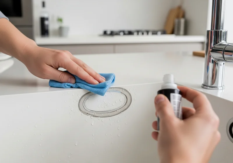 Naprawa zlewu granitowego: polerowanie miejsca po uszkodzeniu i aplikacja preparatu.