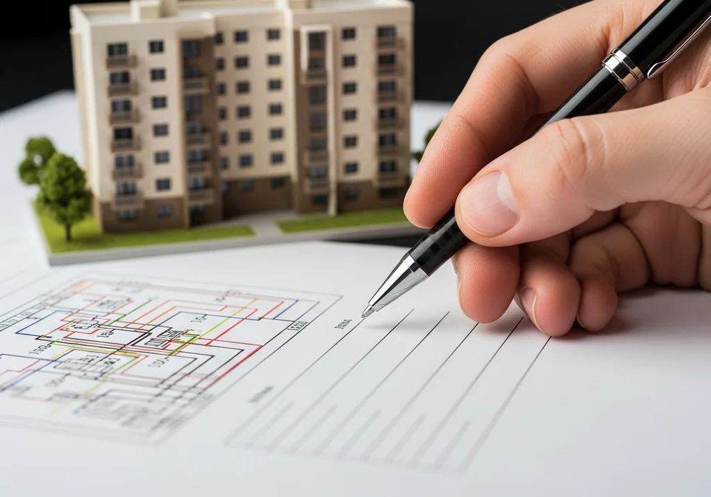 Zbliżenie na rękę piszącą długopisem na dokumencie obok makiety bloku mieszkalnego.