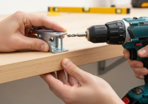 Dłonie mocują metalowy wspornik do drewnianego blatu za pomocą wkrętarki i wiertła.