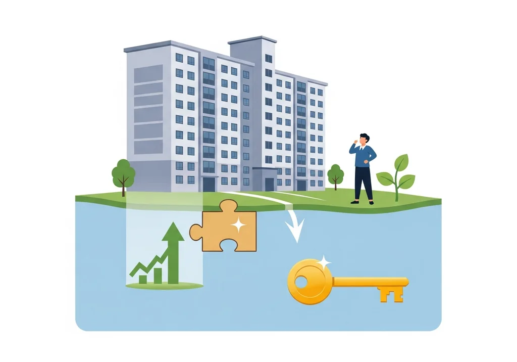 Mieszkanie, człowiek rozważający wykup gruntu, puzzle, wykres wzrostu i klucz.