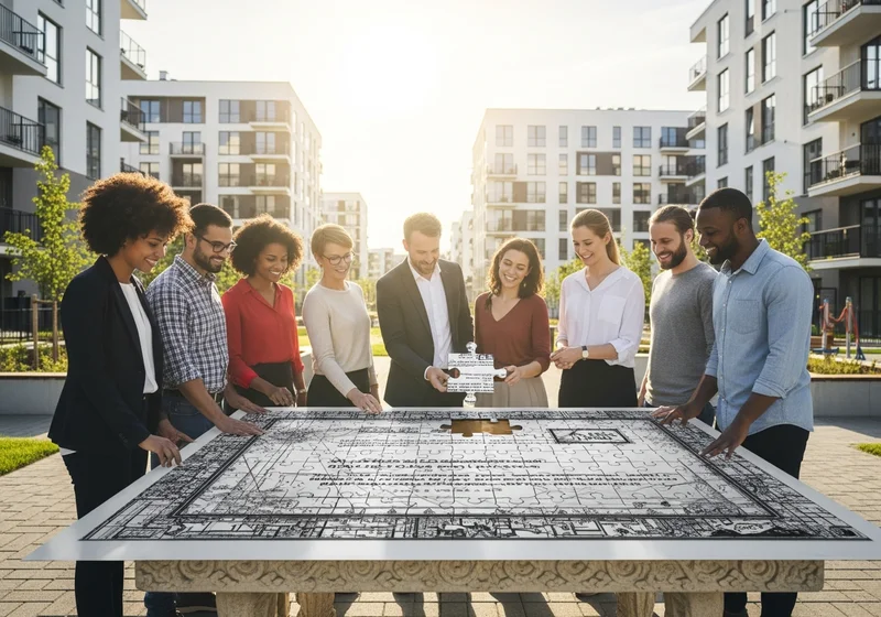 Grupa ludzi układa wielką łamigłówkę z mapą osiedla mieszkaniowego.