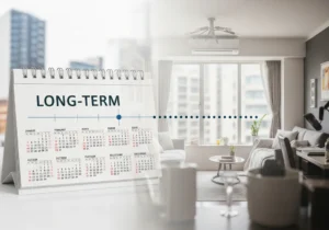 Kalendarz biurkowy z napisem "LONG-TERM" na tle wnętrza mieszkania.