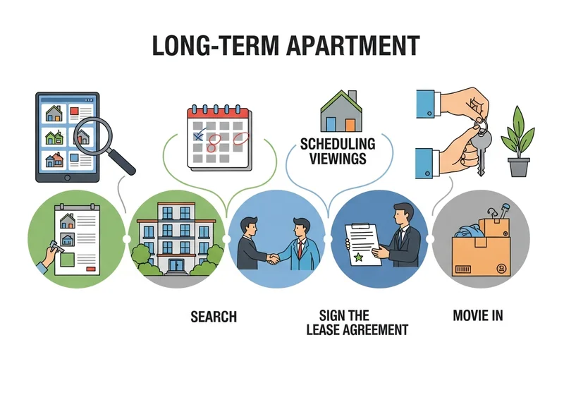 Grafika przedstawiająca etapy wynajmu długoterminowego mieszkania: wyszukiwanie, planowanie oględzin, podpisanie umowy, przeprowadzka.