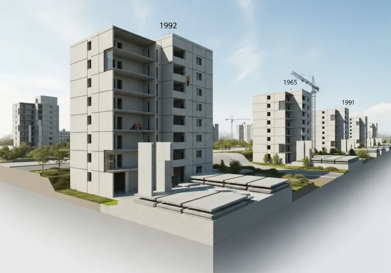 Wielka płyta w różnych etapach budowy i lata powstania: 1965, 1991, 1992.