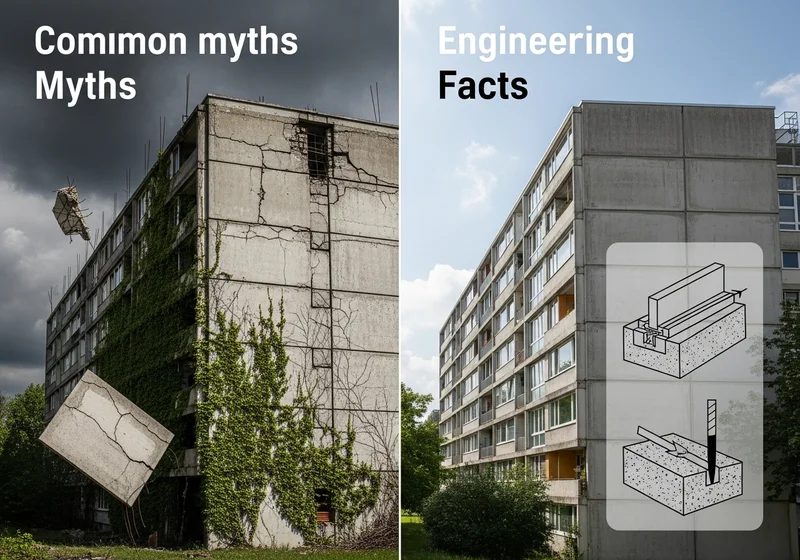 Dwa bloki z wielkiej płyty: jeden zniszczony, drugi schludny, z ilustracją techniczną.