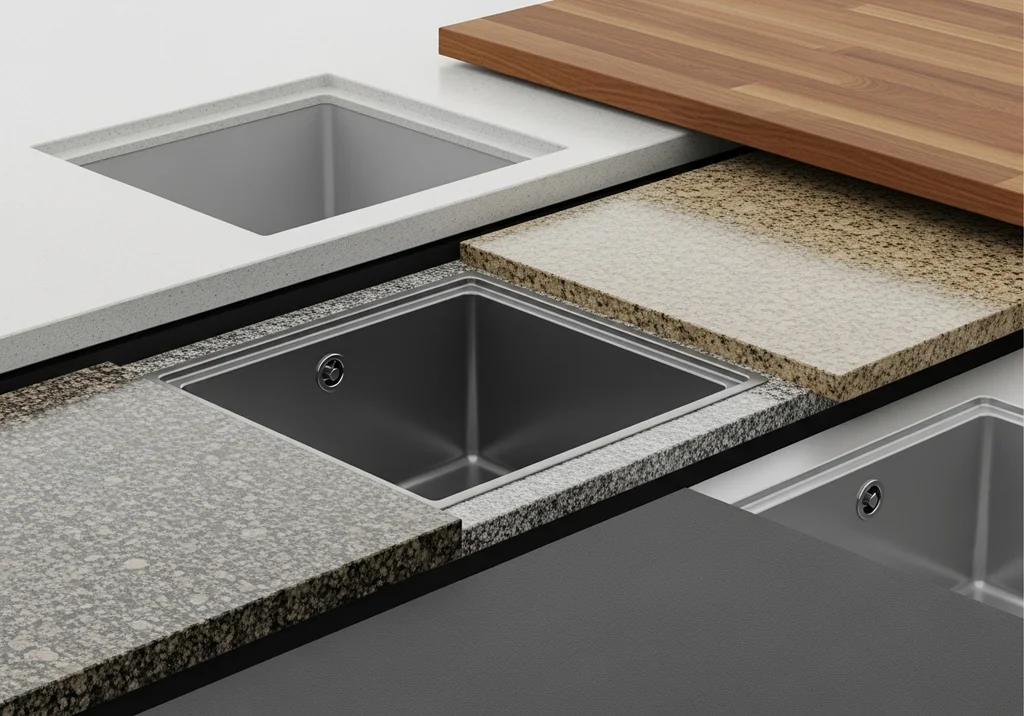 Przykłady blatów kuchennych z różnymi rodzajami zlewozmywaków podblatowych.