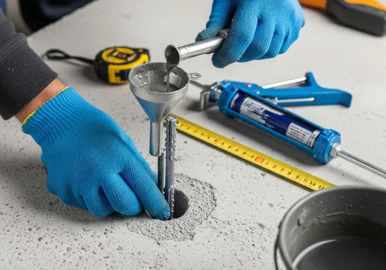 Rękawice zakładają kotwę i wlewają zaprawę do betonu przez lejek.